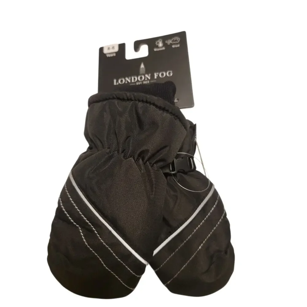 London Fog Black Mittens Insulated Reflective Unisex Children's 4-6 Years NWT